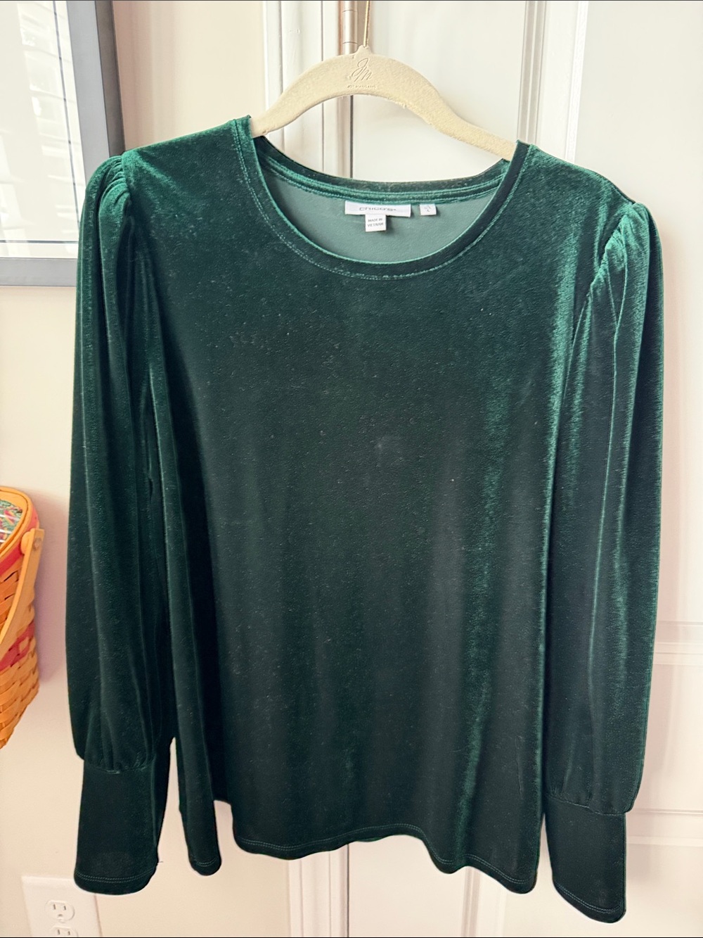 Chico's Emerald Green stretch Velvet Long-Sleeve Crewneck Blouse size large